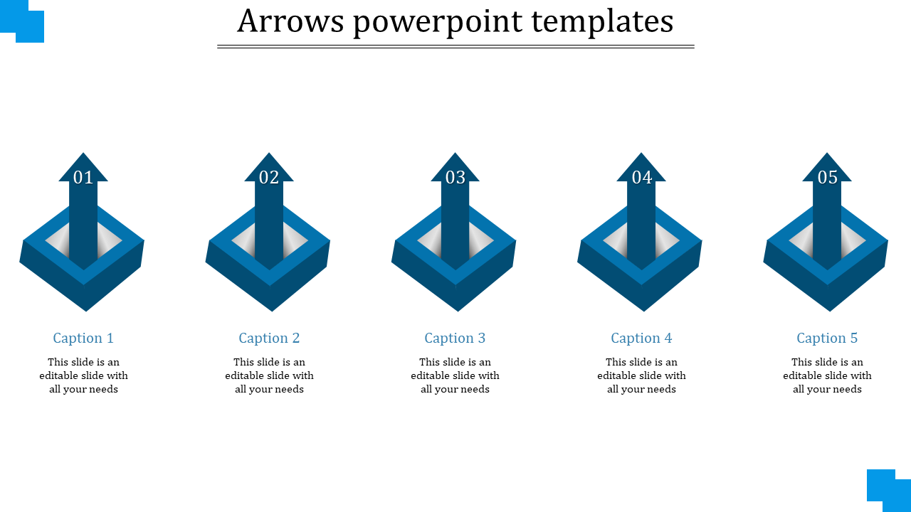3D infographic featuring five upward blue arrows numbered 01 to 05, each positioned above a square blue base.