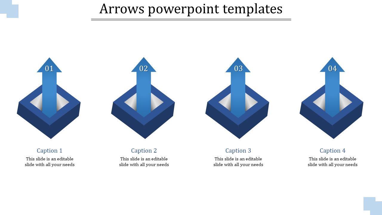 Four blue upward arrows numbered 01 to 04, each inside a square base with captions below, on a white background.