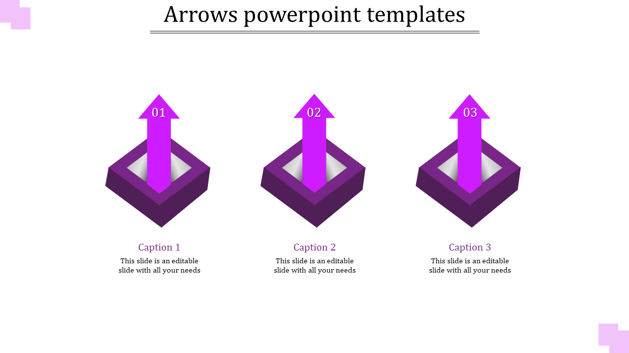 Three magenta arrows rising from purple square bases, numbered 01 to 03, aligned in a row with captions beneath.