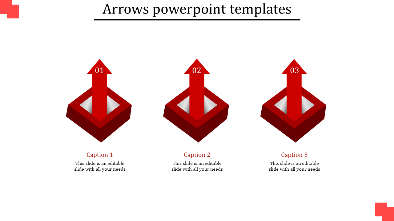 Three red upward arrows numbered 01 to 03, each inside a square base with captions below, on a white background.