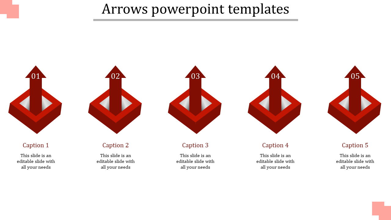 3D infographic featuring five upward red arrows numbered 01 to 05, each positioned above a square red base.