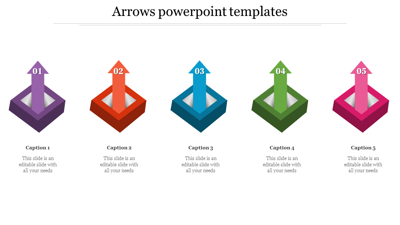 Horizontal arrangement of five colorful 3D arrows, labeled 01 to 05, each pointing upward from a square base.