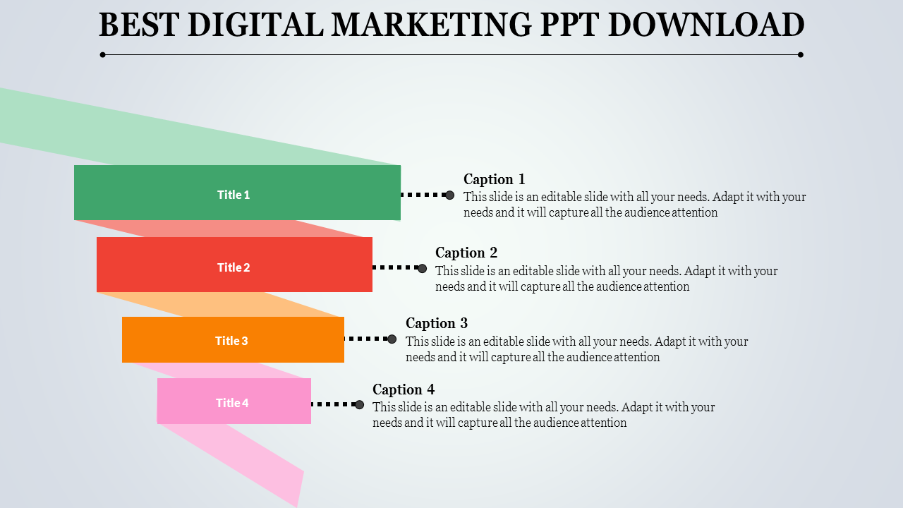 Color coded digital marketing presentation slide with four layered blocks labeled Title 1 to Title 4 and captions.