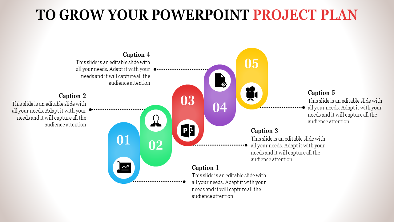 Colorful PPT slide depicting a project plan with five numbered steps connected by dotted lines and descriptive captions.