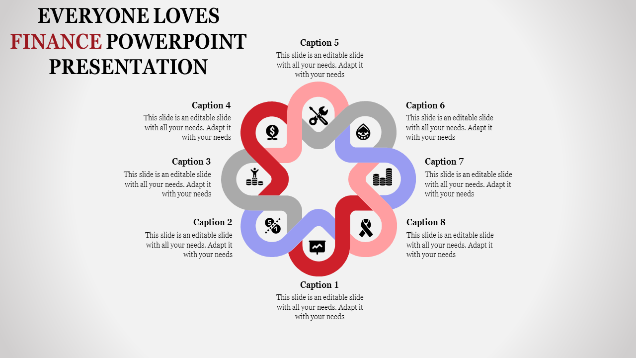 Interconnected loop design featuring financial icons with captions arranged around a circular layout.