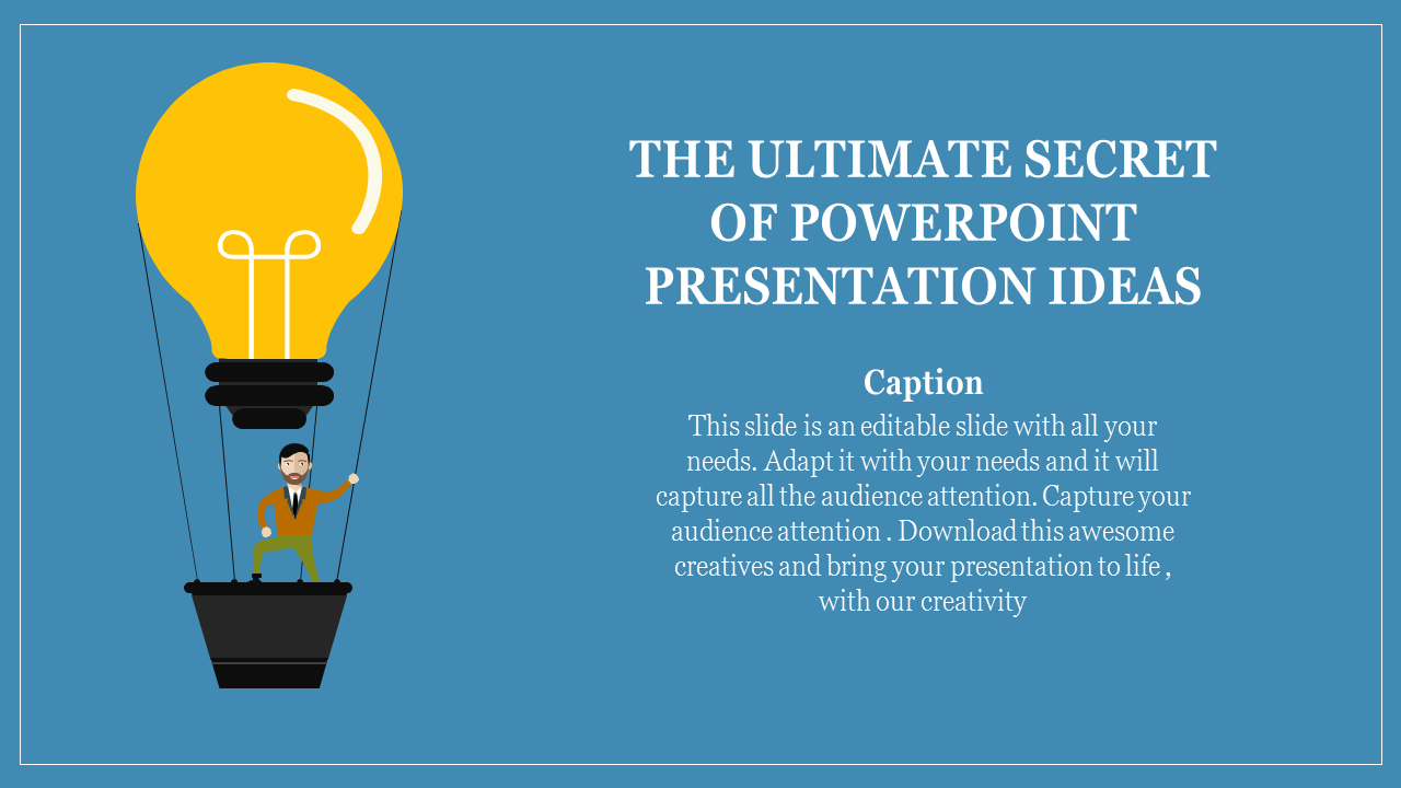 An illustrative slide showing a man in a hot air balloon shaped like a light bulb with placeholder text.