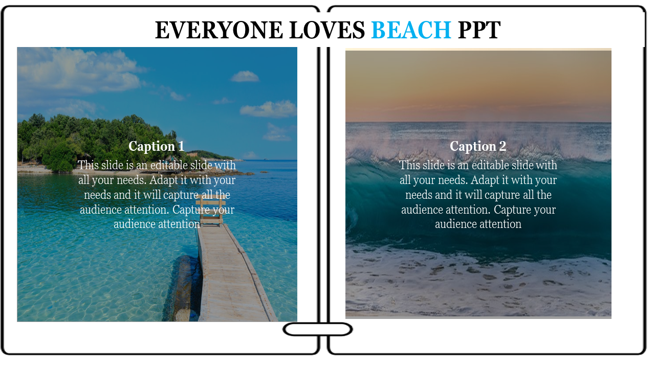 Two beach themed slide showcasing a wooden pier over clear waters and a powerful ocean wave at sunset with captions.