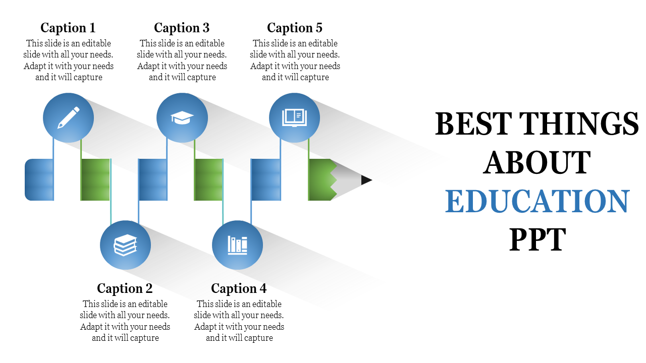 Educational PPT template featuring a pencil design with five blue icons representing learning elements and captions.