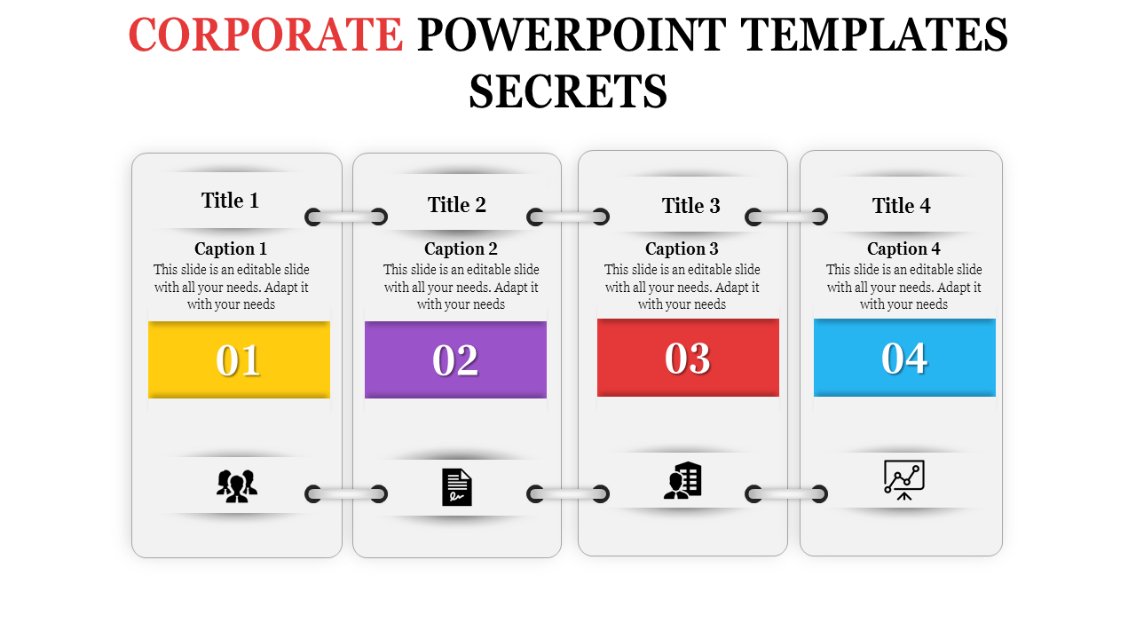 Corporate PPT slide with four vertical panels titled 1 to 4, each featuring captions, colorful highlights, and icons.