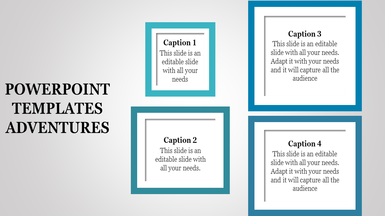 Grid layout of four blue framed squares with placeholder captions on a clean white background.