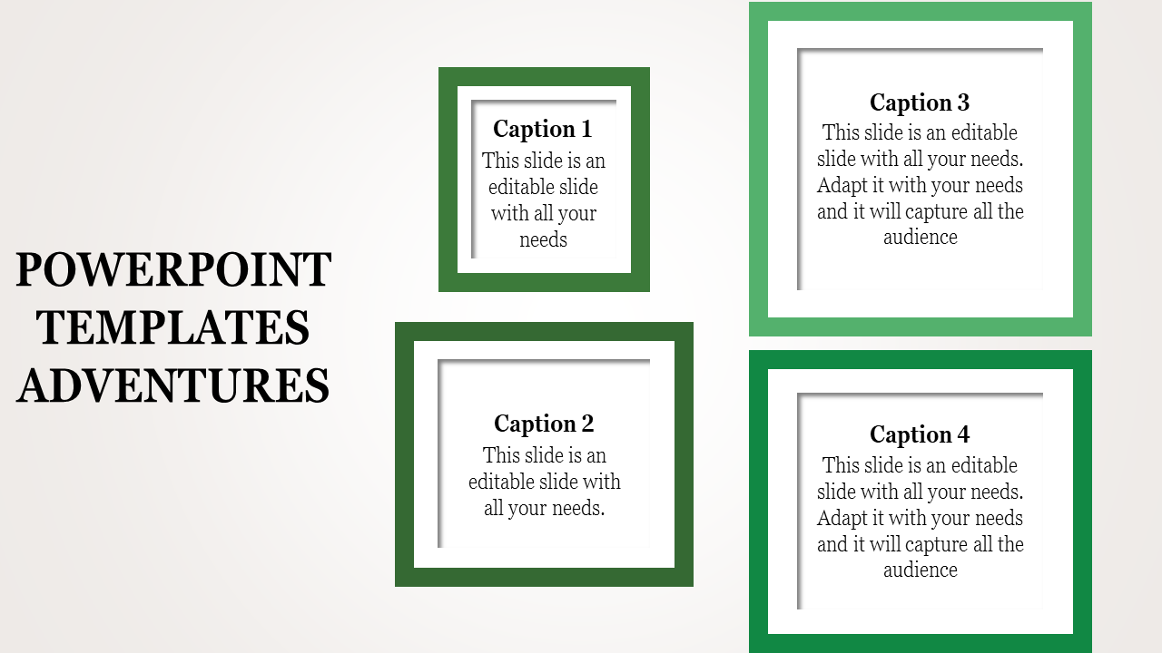 Four green bordered squares with captions arranged in a grid layout on a white background.