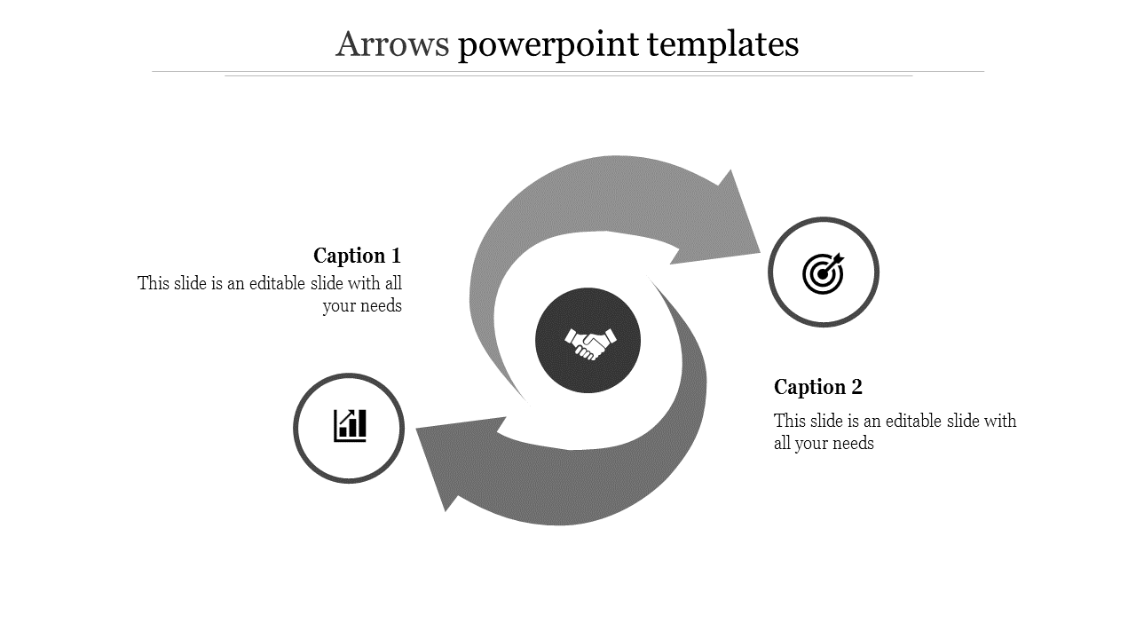 Black and white arrows in a circular motion with icons representing growth, partnership, and goals with captions.