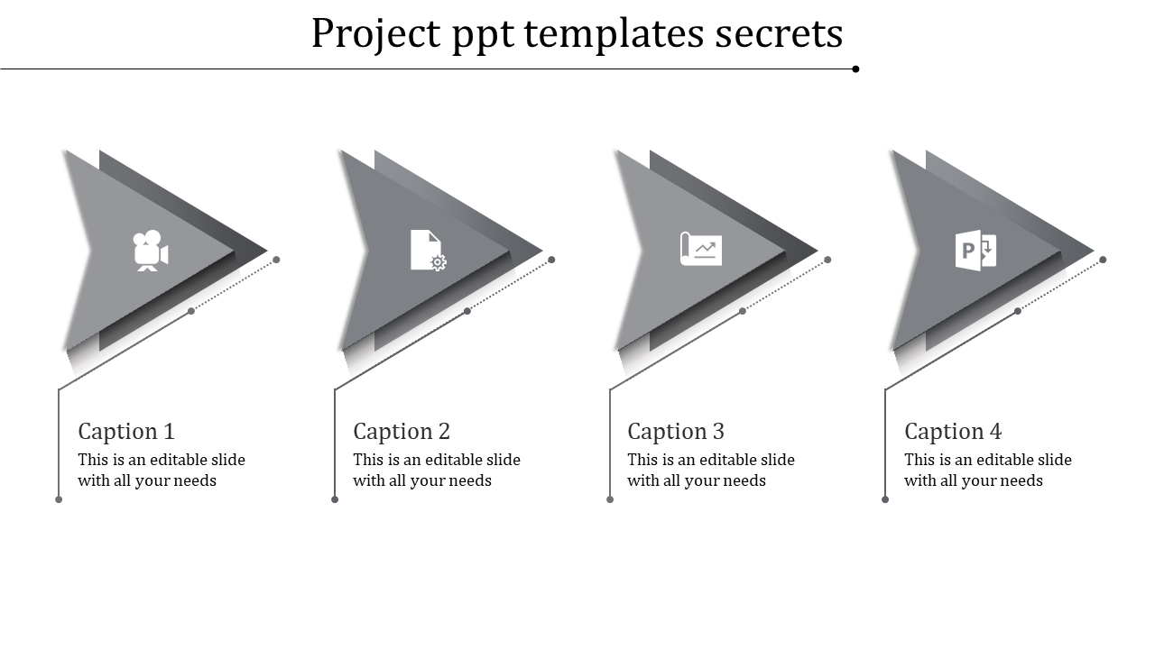 Gray slide with four triangular shapes arranged in a row, each featuring white icons and captions below.