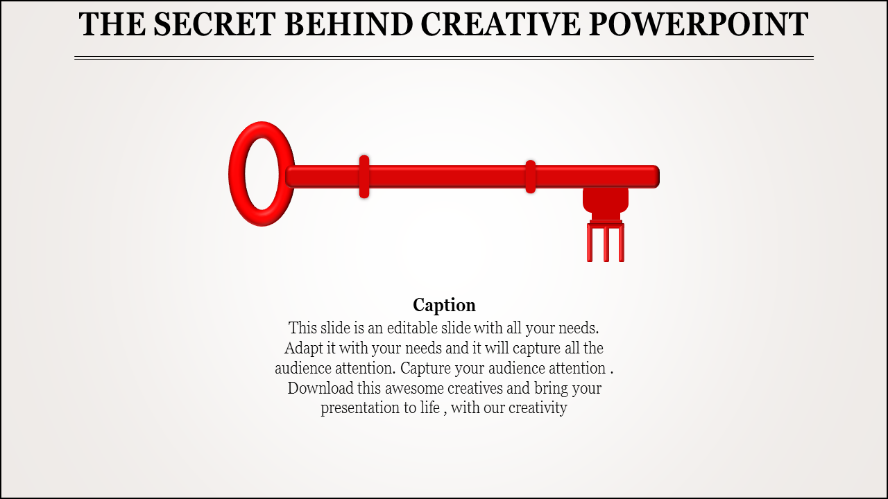 Slide showcasing a bold red key icon on a neutral white background with a caption at the bottom.