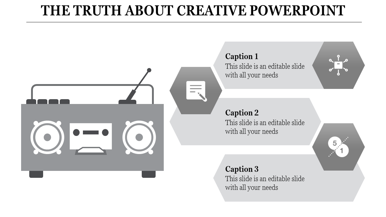 Minimalist grayscale PowerPoint slide with a retro radio illustration and three hexagonal content sections with icons.