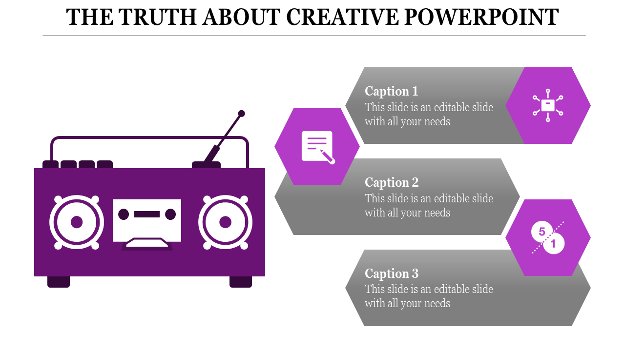 Purple themed PowerPoint slide featuring a radio icon and three captions.