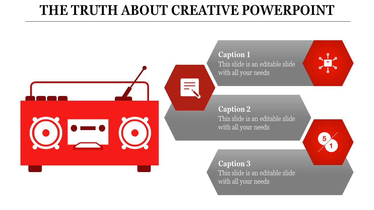 Creative PowerPoint slide with a red boombox graphic and three caption boxes featuring icons and text.