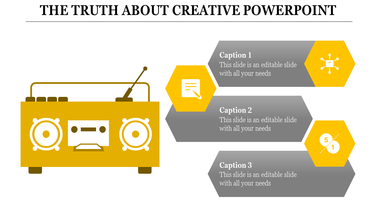 Creative PowerPoint slide featuring a radio illustration and three gray and yellow hexagonal caption boxes with icons.