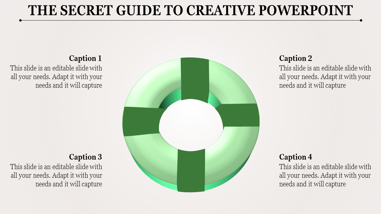 Creative PowerPoint slide featuring a green lifebuoy design with four captions surrounding it.
