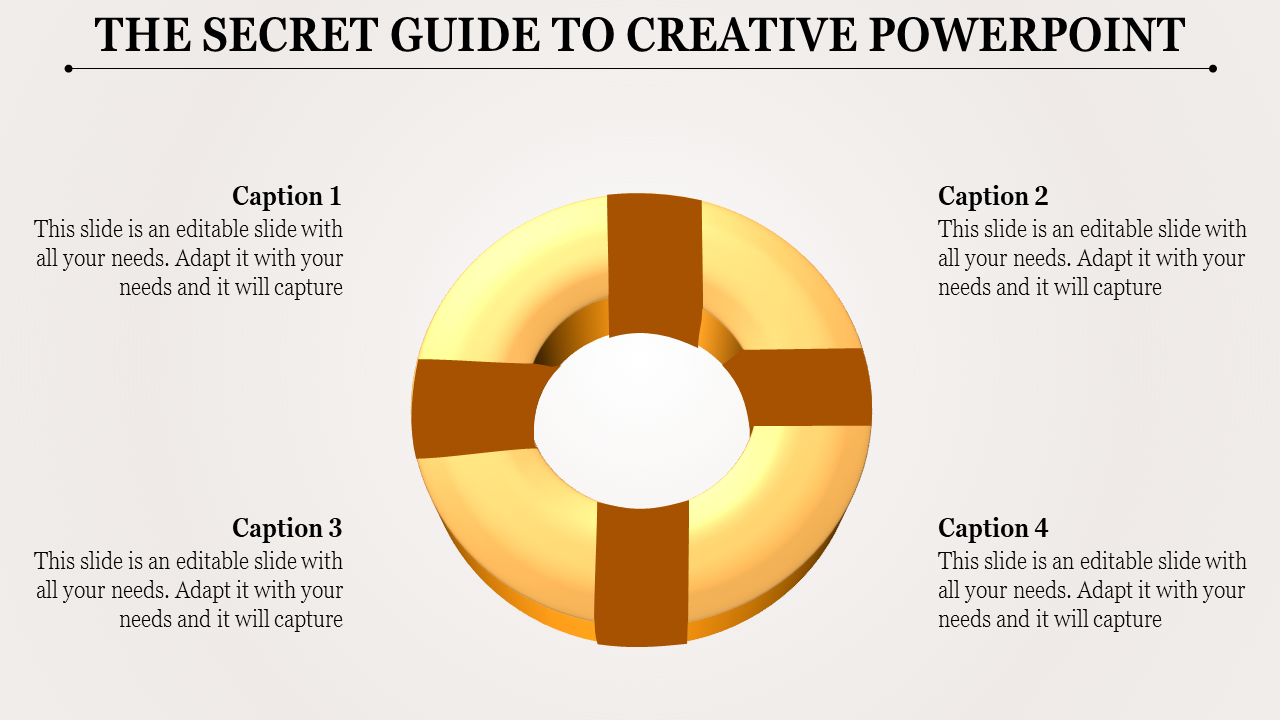 Creative PowerPoint slide featuring a golden lifebuoy design with captions placed around it.