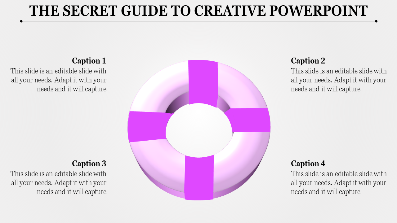 3D purple and pink circular ring centerpiece, with four captions placed symmetrically around on a light background.
