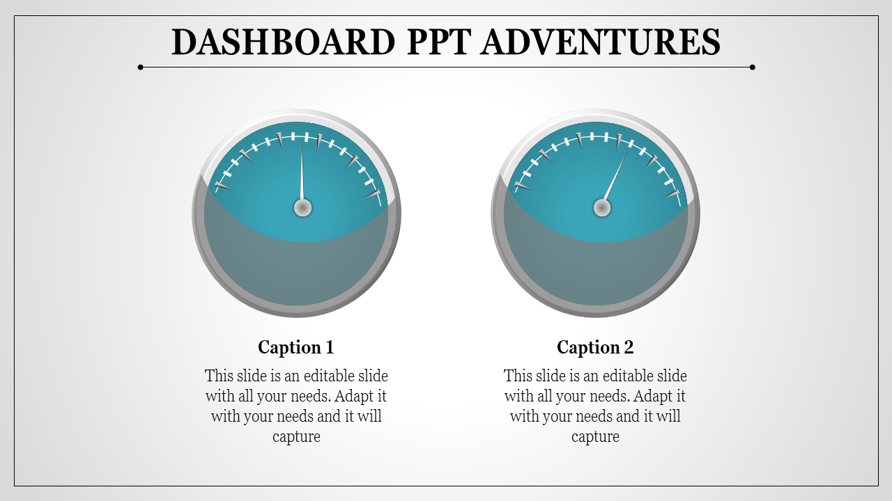 Dashboard PowerPoint slide with two blue speedometer style gauges and two captions.