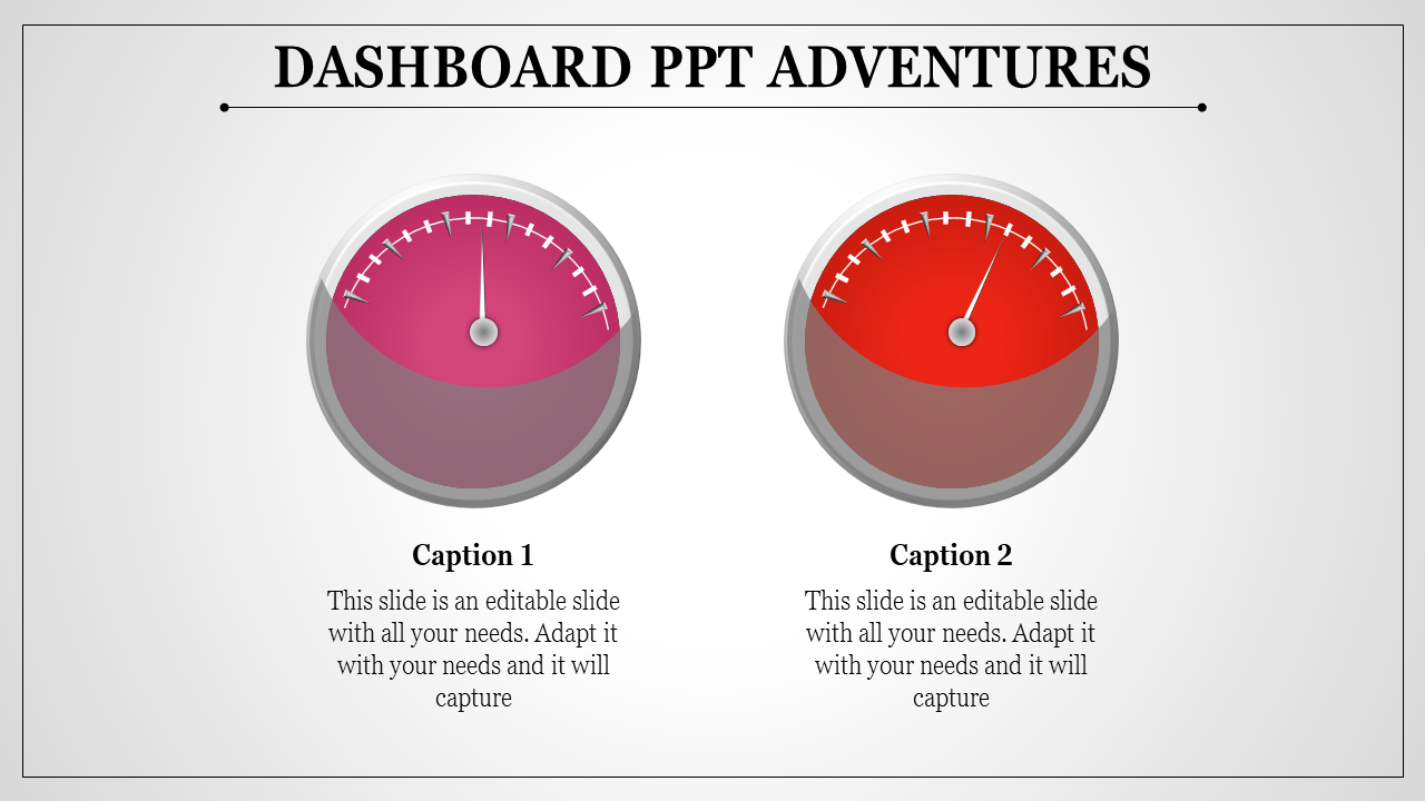 Dashboard themed PowerPoint slide with two gauge meters in pink and red, labeled Caption 1 and 2.
