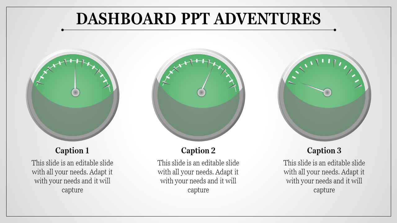 Dashboard PowerPoint slide featuring three green speedometer style gauges, each labeled with captions.