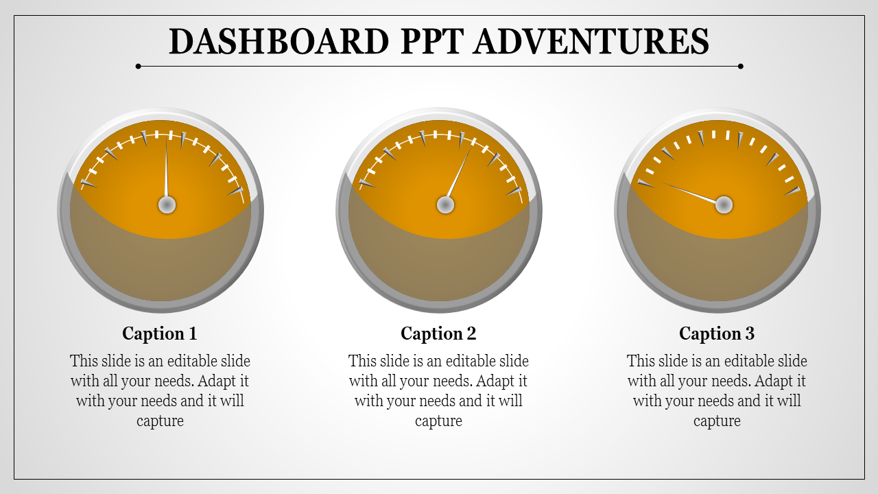 Dashboard themed PowerPoint slide with three gauge meters labeled with captions 1 to 3.