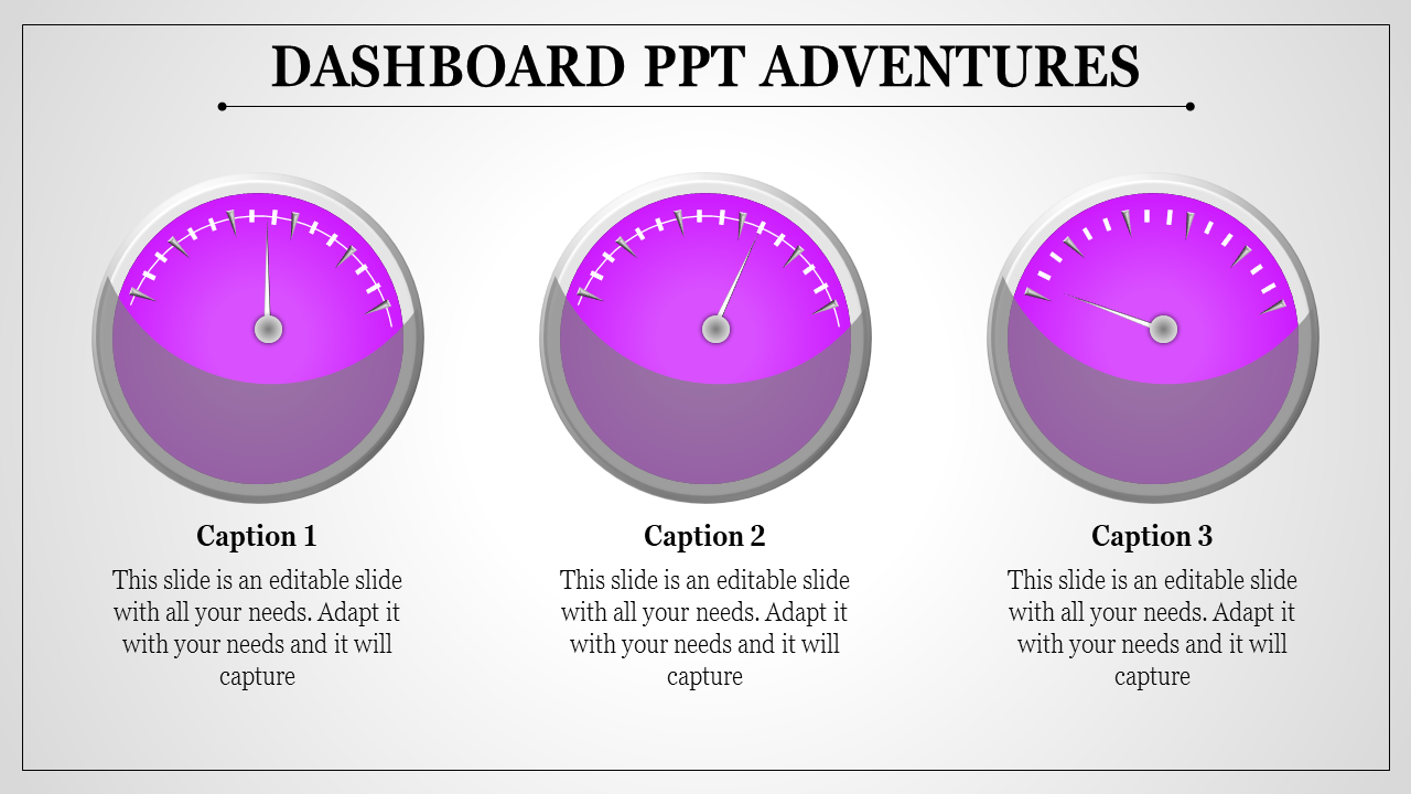 Dashboard slide with three purple gauge meters, each labeled with a caption and text below.