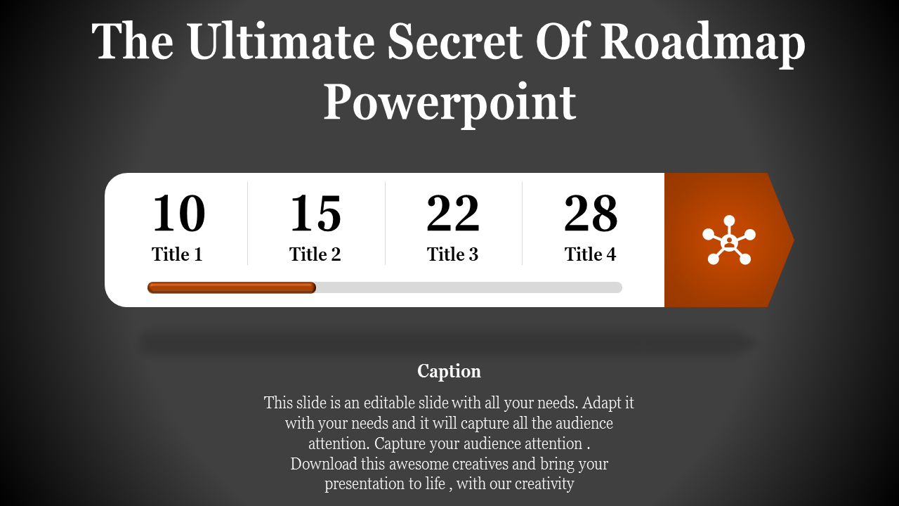 Dark background with a horizontal roadmap bar featuring four segments, and an orange arrow endpoint icon.