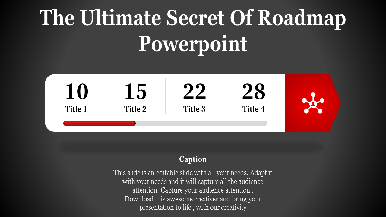 Roadmap PPT slide with four milestones, featuring numbered titles, a red progress bar, and a connected nodes icon in red.