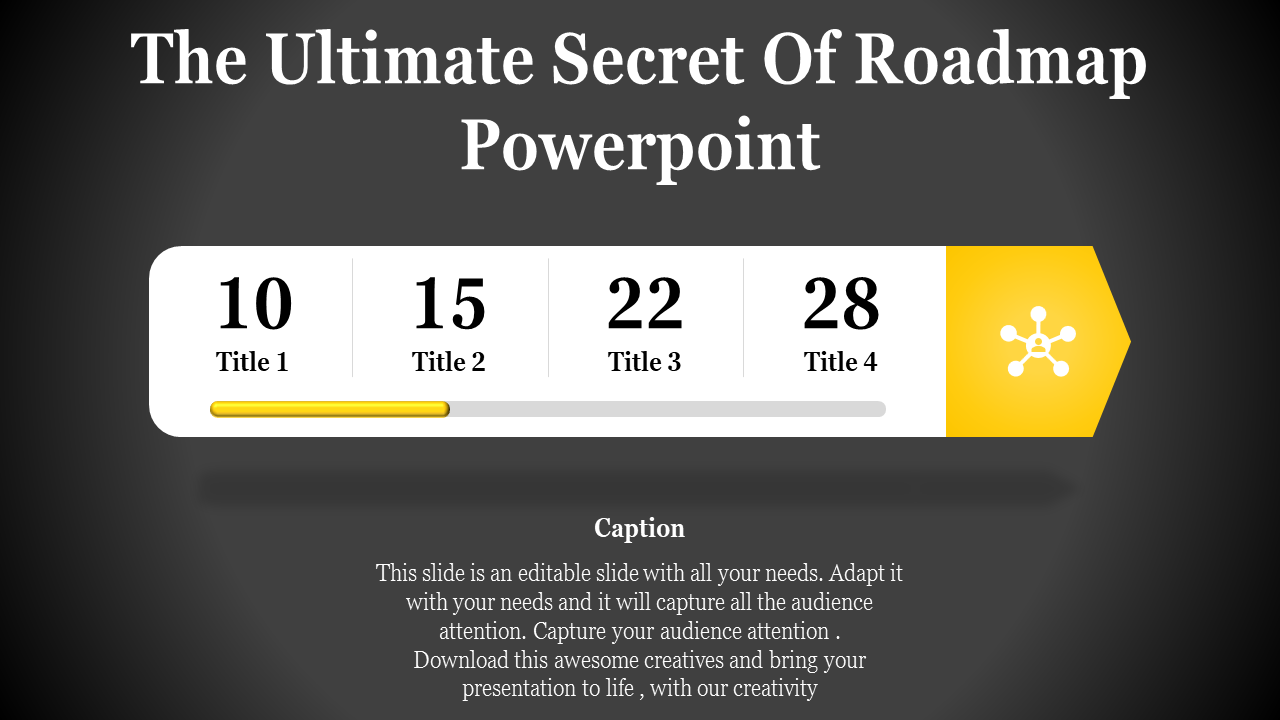 Dark background with a horizontal roadmap bar featuring four segments, and a yellow arrow endpoint icon.