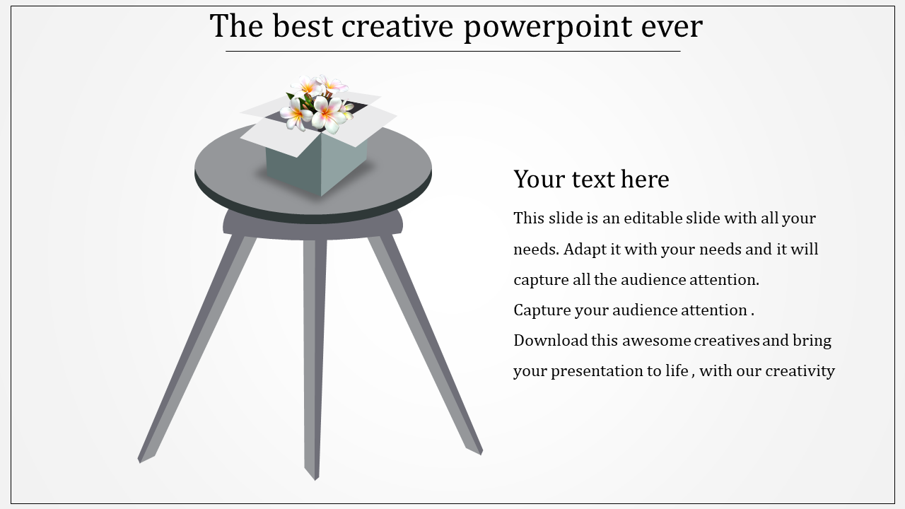 Gray tripod round table with a floral arrangement in an open box, with text area on the right.