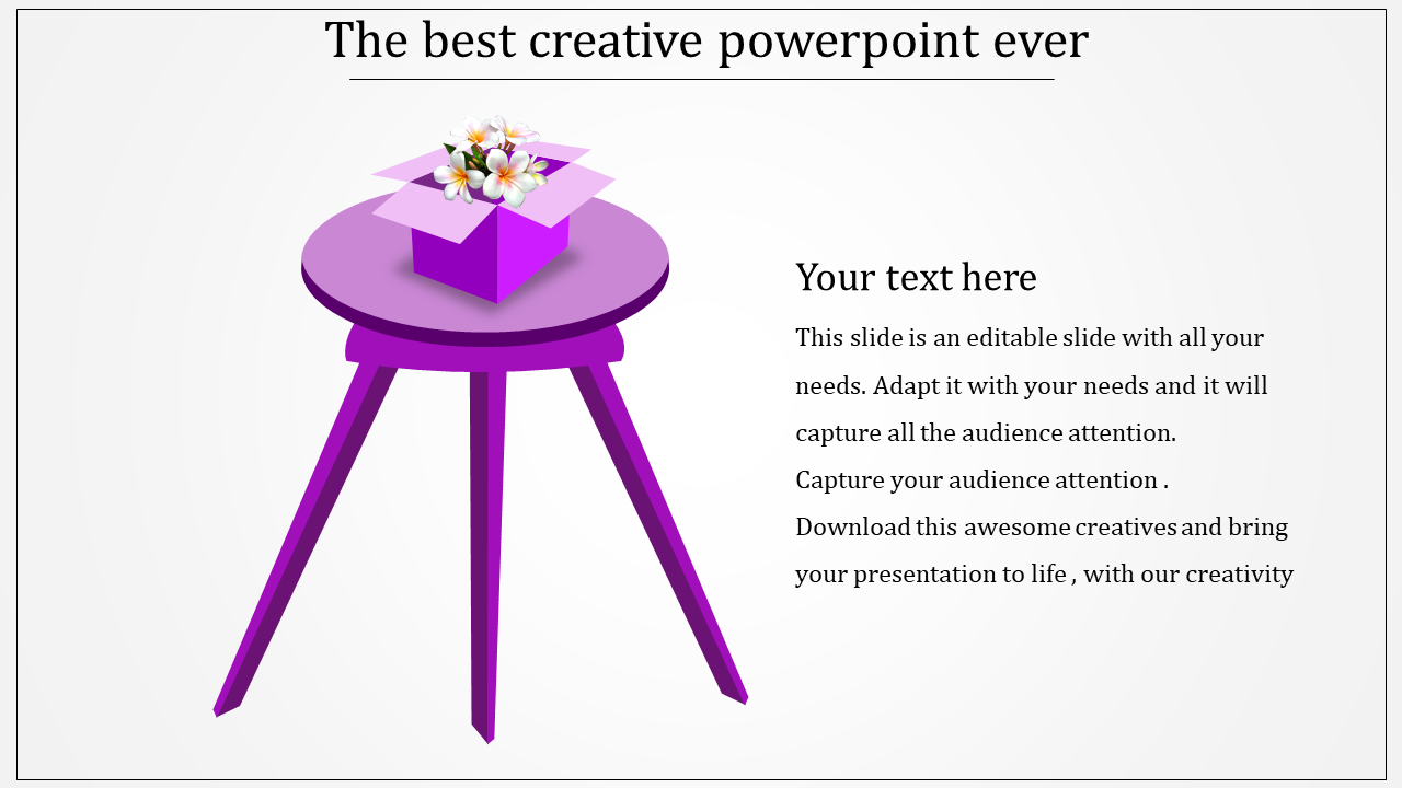 Purple tripod round table with a floral arrangement in an open box, with text area on the right.
