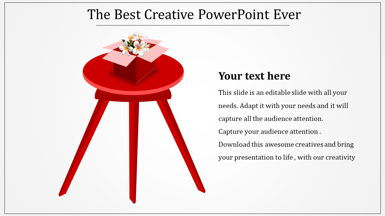 Creative PowerPoint slide featuring a red table with a gift box and flowers, alongside text.