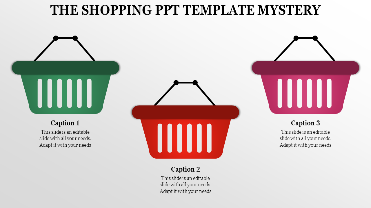 Three shopping basket icons in green, red, and pink, each with captions below, on a light gradient background.