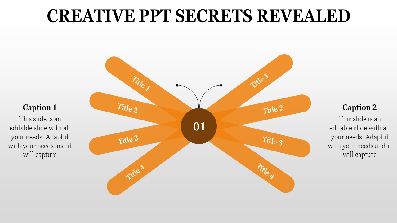 Creative layout featuring a butterfly design with eight orange segments, a numbered central circle, and two captions.