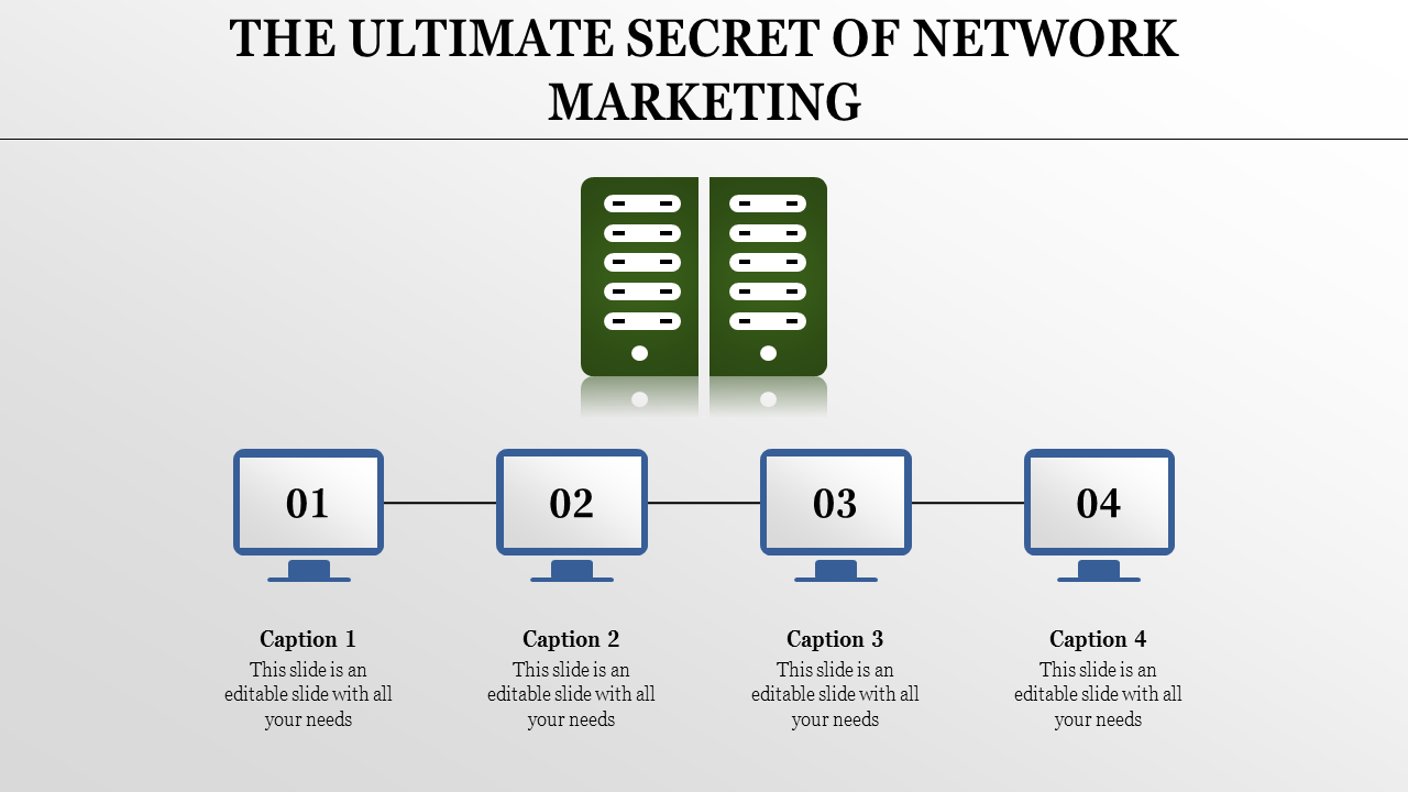Network marketing diagram featuring a central server connected to four numbered nodes with captions areas.