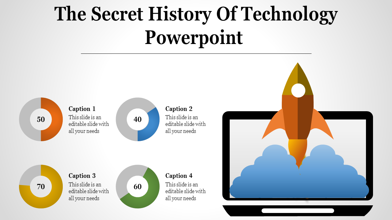 Technology themed slide featuring a laptop with a rocket and four data pie charts with captions areas.