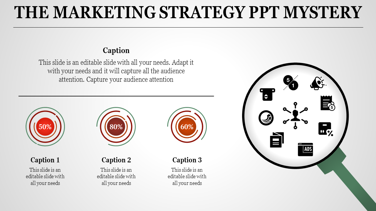Marketing slide featuring a magnifying glass with icons and three circular charts with percentage indicators on the left.