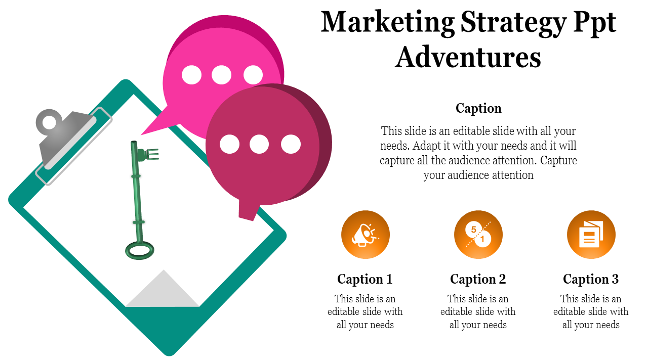 Marketing layout with a teal clipboard featuring a green key, two pink speech bubbles, and three orange icons for captions.