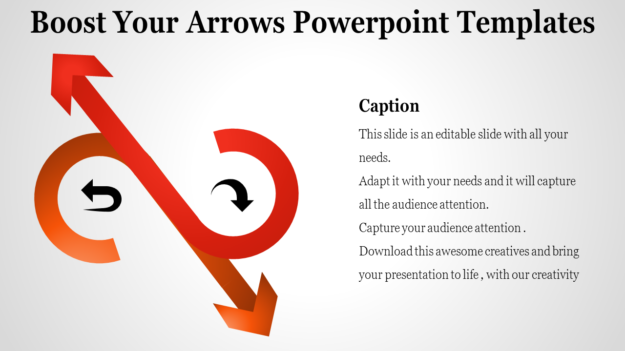 Arrow themed PowerPoint slide with overlapping red and orange arrows, circular icons, and text space.