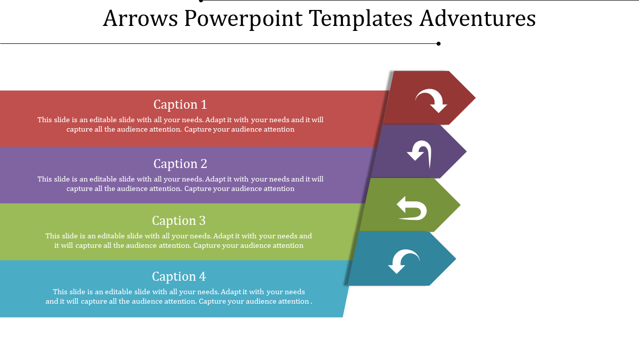 Four horizontal arrows in red, purple, green, and blue with captions and icons on a white background.
