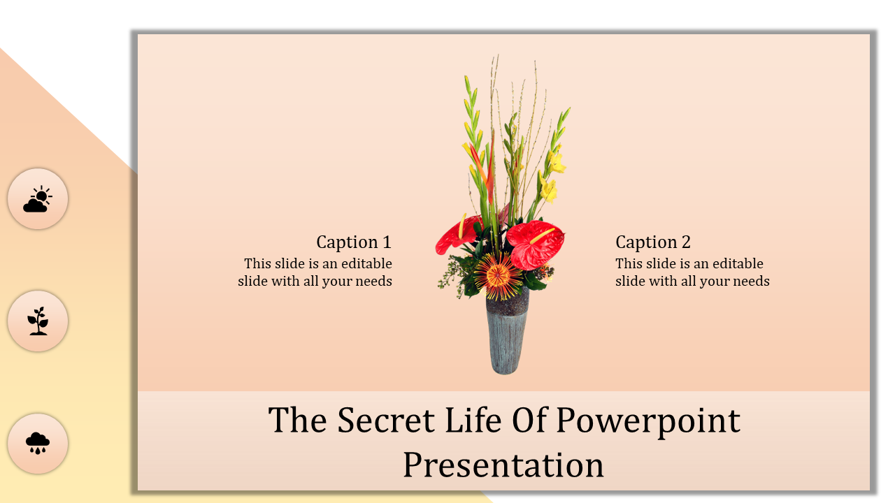 Slide featuring a flower vase in the center and three circular icons aligned vertically on the left, on a peach background.