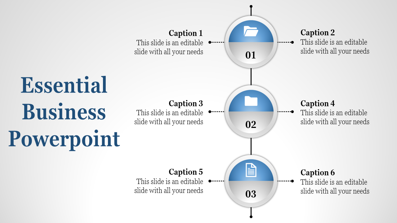 Slide with three numbered blue circles and six captions aligned on both sides of a vertical line.