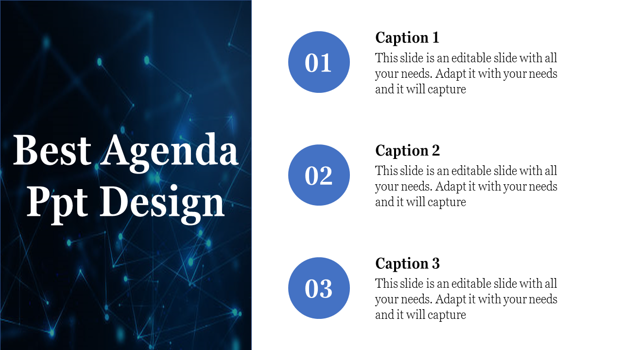 PowerPoint agenda slide design featuring numbered circles and captions with a blue network background.