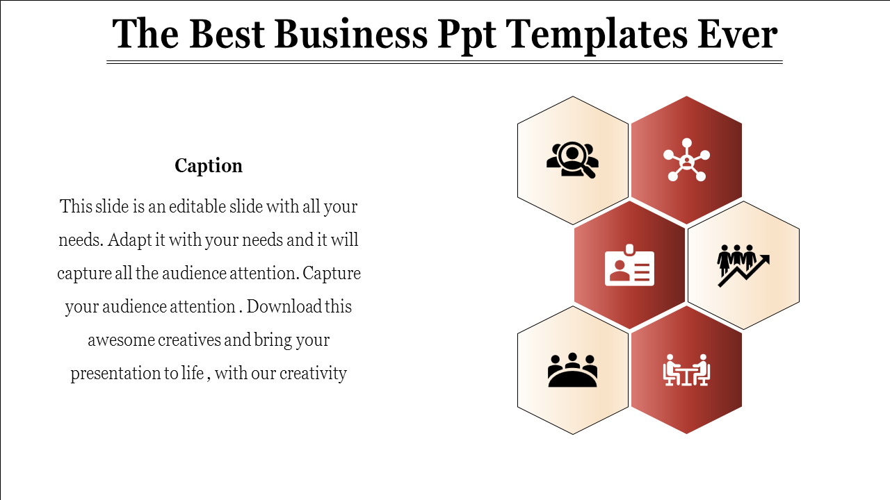 Business PowerPoint slide with hexagonal icons representing team collaboration, analysis, and growth with a caption.