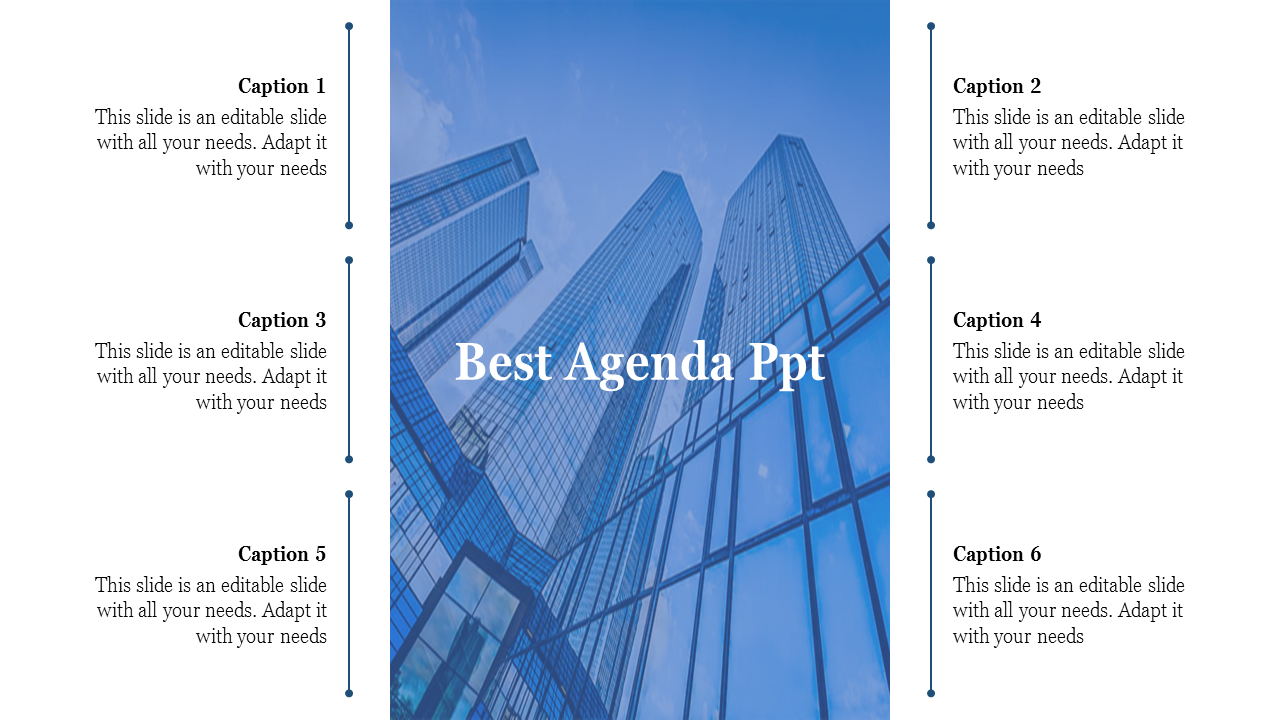 Slide featuring a central blue skyscraper image with six captions evenly distributed on the sides, connected by dots.
