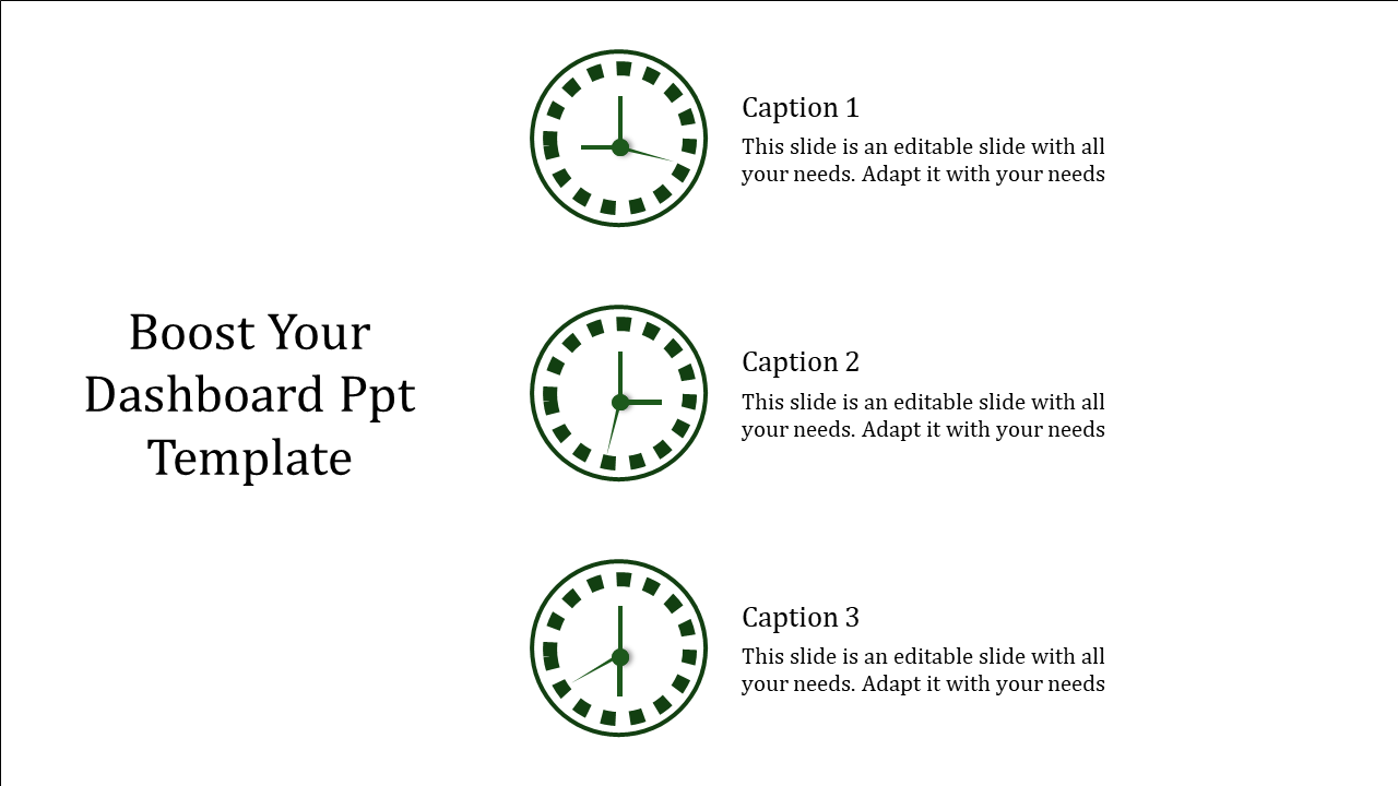 Clock themed Dashboard PowerPoint slide with captions for each section.